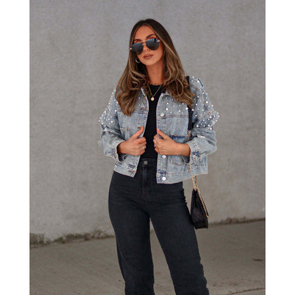Women’s Denim Jacket – Loose Fit – Cropped Length – Beaded Shoulders – Button Closure