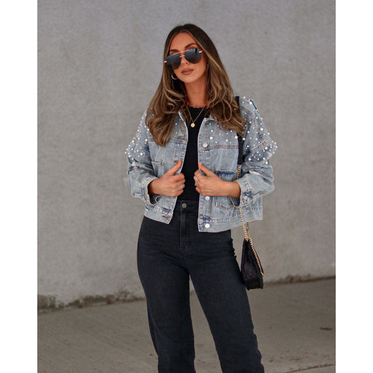 Women’s Denim Jacket – Loose Fit – Cropped Length – Beaded Shoulders – Button Closure