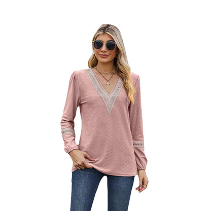 Women’s Long Sleeve T-Shirt – Loose Fit – V-Neck Lace Trim – Soft Breathable Fabric