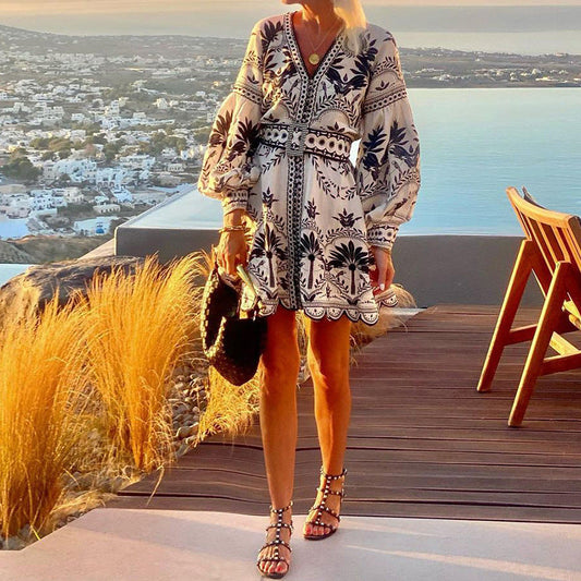Women’s Mini Dress – Relaxed Fit – Balloon Sleeve – V-Neck – Breathable Blend – Printed