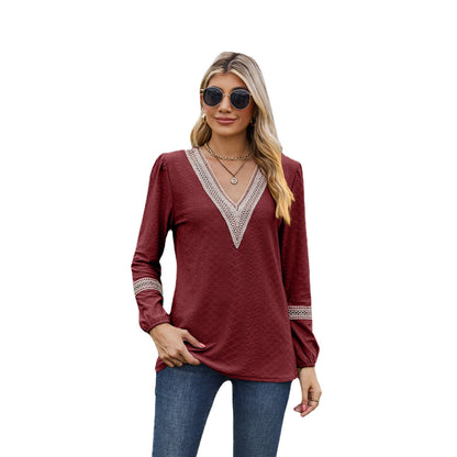 Women’s Long Sleeve T-Shirt – Loose Fit – V-Neck Lace Trim – Soft Breathable Fabric