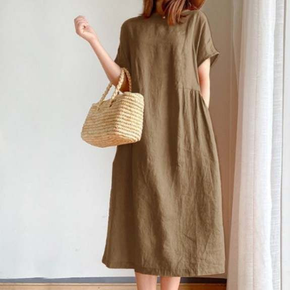 Women’s Midi Dress – Loose Fit – Lightweight Breathable Fabric – Short Sleeve Casual