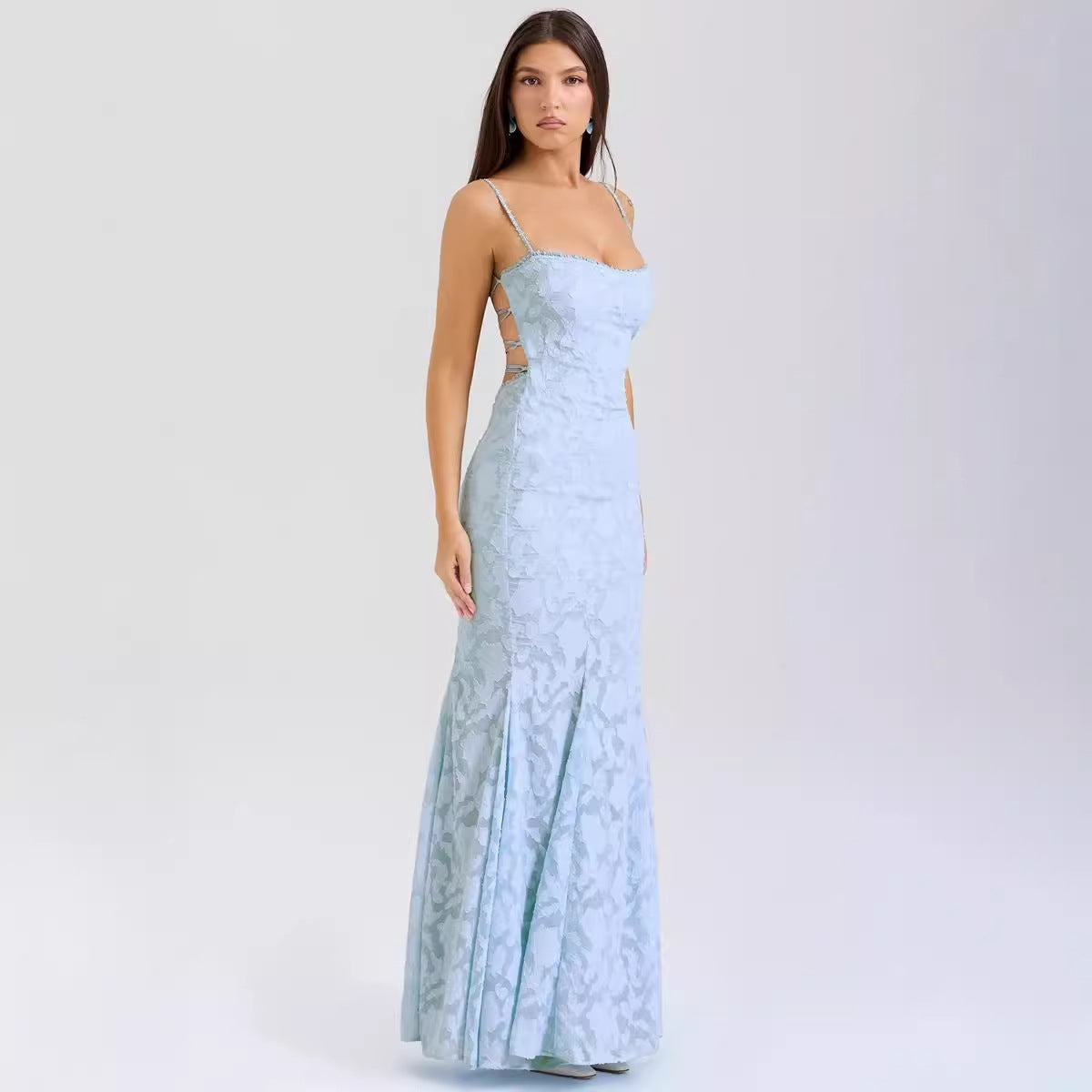 Women’s Maxi Dress – Slim Fit – Lace Trim – Spaghetti Straps – Formal Elegant Wear
