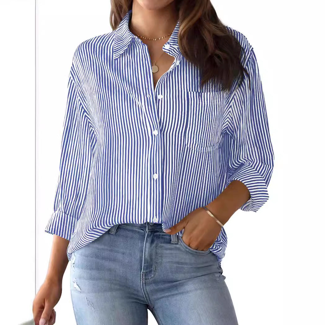 Women’s Button-Down Blouse - Cotton - Relaxed Fit - Classic Pinstripe