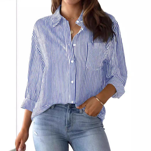 Women’s Button-Down Blouse - Cotton - Relaxed Fit - Classic Pinstripe