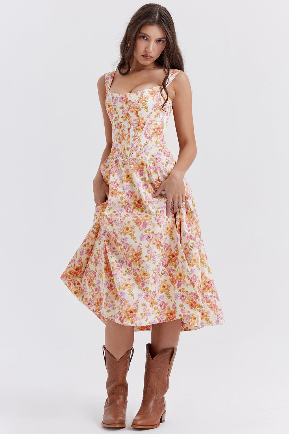 Women's Dress - Floral Print - Corset Bodice - Side Slit - Sleeveless