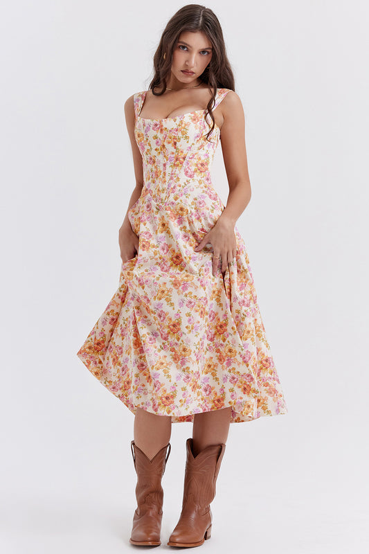 Women's Dress - Floral Print - Corset Bodice - Side Slit - Sleeveless