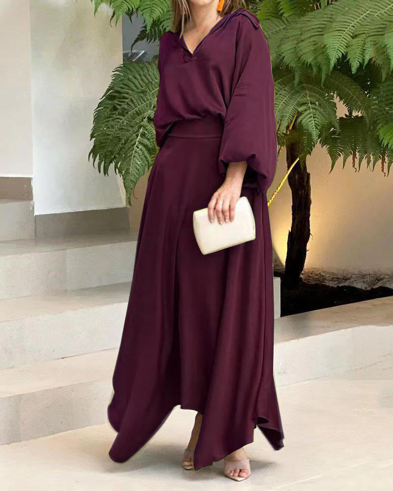 Women's Maxi Dress - Flowy Lightweight Fabric - V-Neck Long Wide Sleeves - Asymmetrical Hem
