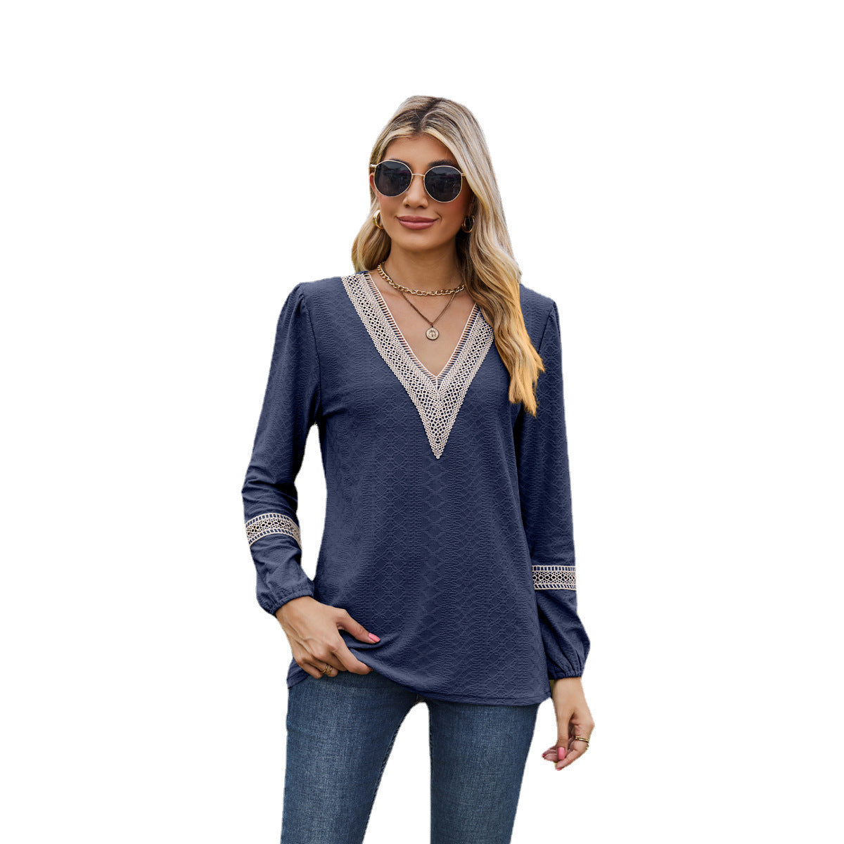 Women’s Long Sleeve T-Shirt – Loose Fit – V-Neck Lace Trim – Soft Breathable Fabric