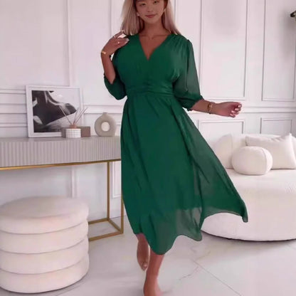 Women’s Maxi Dress – Empire Waist – Flowing Fit – V-Neck – Chiffon – 3/4 Sleeve