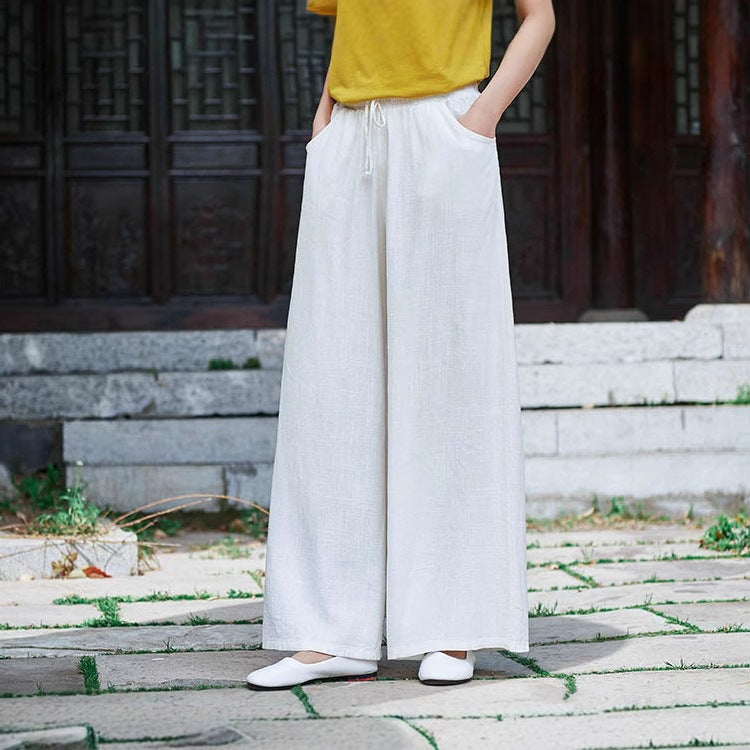 Women’s Wide-Leg Pants – Cotton Linen Blend – Relaxed Fit – Drawstring Waist – Full Length