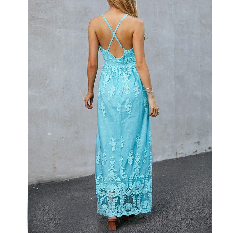 Women’s Maxi Dress – Flowing Fit – Floral Embroidery – Deep V-Neck – Breathable Blend