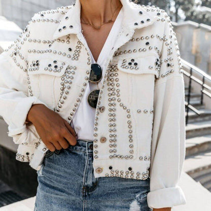Women’s Cropped Denim Jacket – Relaxed Fit – Studded Rivet Detail – Button Front