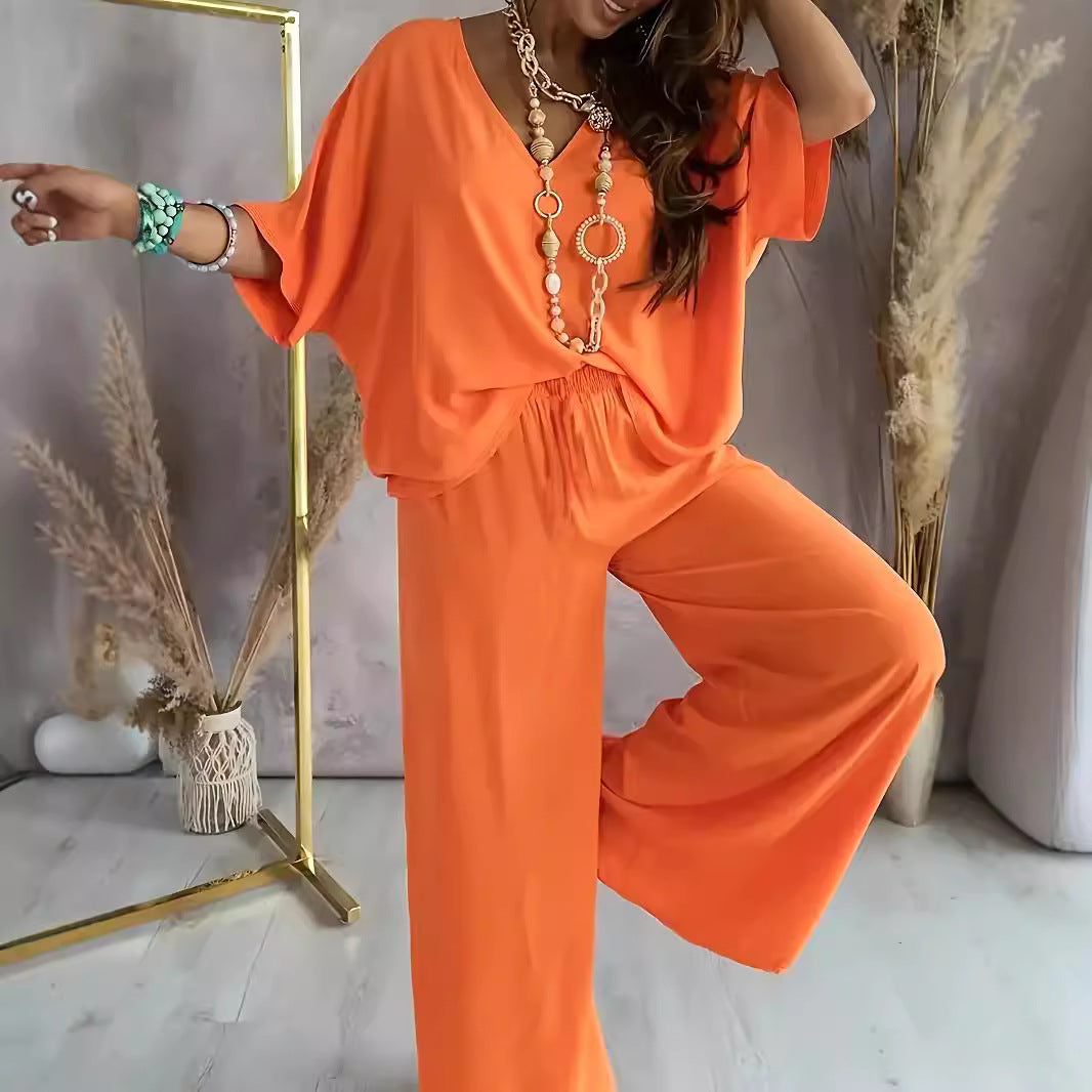 Women’s Two-Piece Set – V-Neck Top – Wide-Leg Pants – Relaxed Fit – Breathable Blend