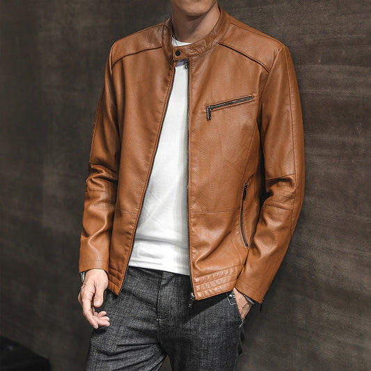 Men’s Biker Jacket – Slim Fit – Stand Collar – Zippered Pockets – Waist Length Design
