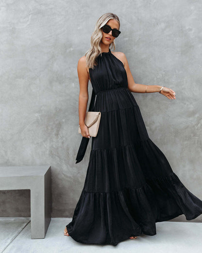 Women’s Halter Dress – Lightweight Fabric – Tiered Skirt – Full Length – Relaxed Fit