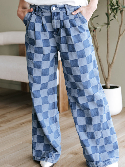 Women’s Wide-Leg Jeans – Checkerboard Print – Relaxed Fit – Denim