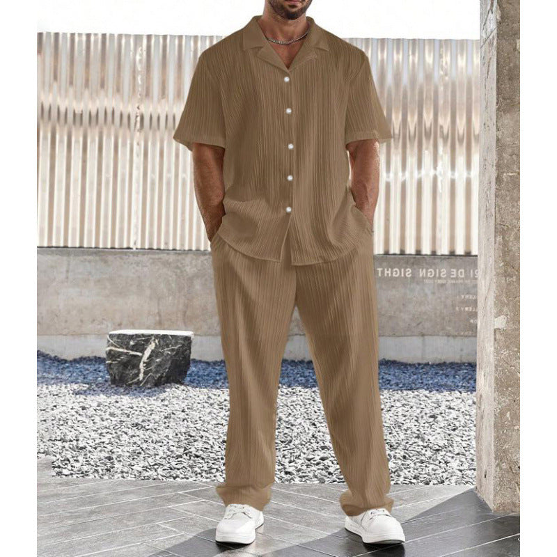 Men’s Casual Set – Lightweight Cotton Blend – Relaxed Fit – Button Shirt & Pants