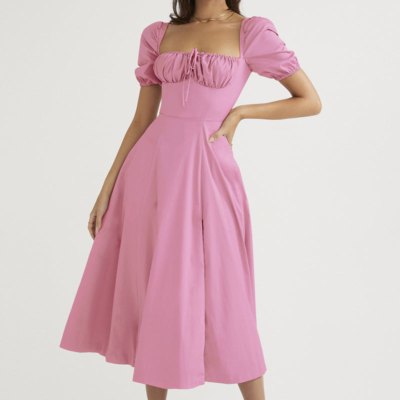 Women's Elegant A-Line Dress - Puff Sleeves - Square Neckline - Midi Length