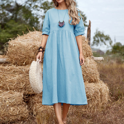 Women’s Midi Dress – Cotton – Relaxed Fit – Flared Silhouette – Elbow Sleeve Casual Wear