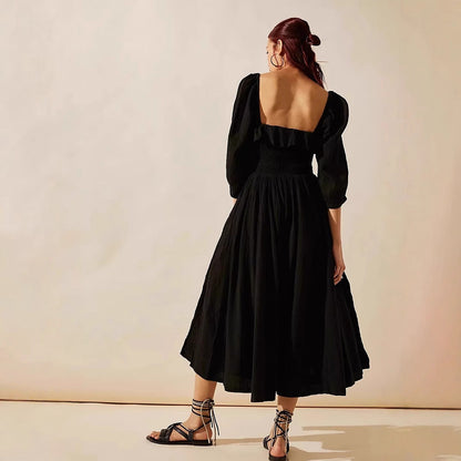 Women’s A-Line Dress – Cotton Blend – Smocked Waist – Long Sleeve V-Neck Ruffle