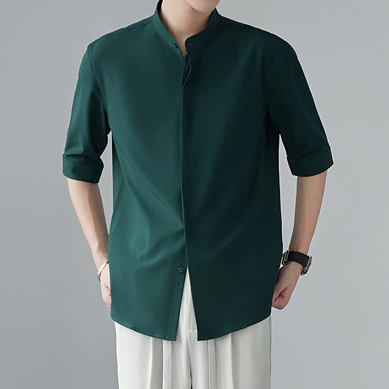 Men’s Long Sleeve Shirt – Relaxed Fit – Lightweight Drapey Fabric – Mandarin Collar