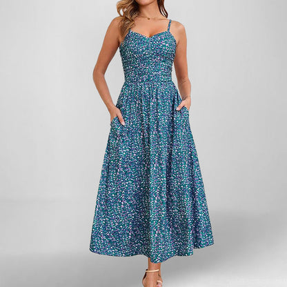 Women’s Sundress – A-Line Fit – Shirred Bodice – Floral Print – Spaghetti Straps – Midi Length – Pockets