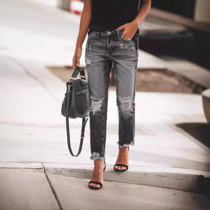 Women’s Denim Trousers – Relaxed Fit – Distressed Straight Leg – Full Length Casual