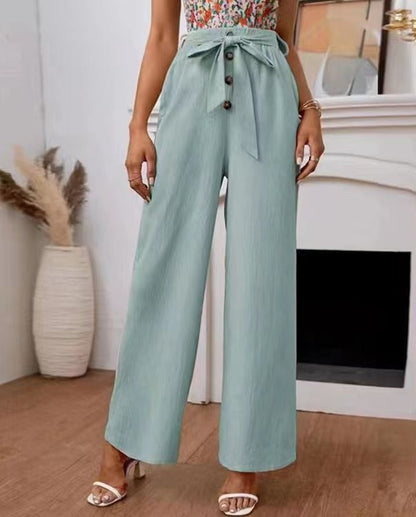 Women’s Wide-Leg Pants – High Waist – Tie Belt – Cotton Blend – Full Length Fit