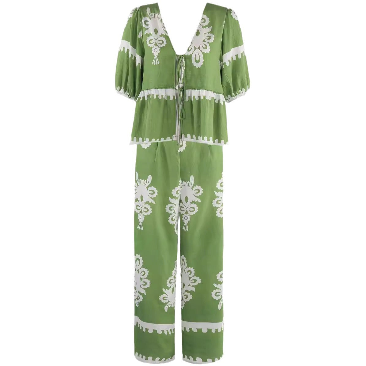 Women's Two-Piece Set – Lightweight Relaxed Fit Tie-Front Top – Wide-Leg Elastic Pants