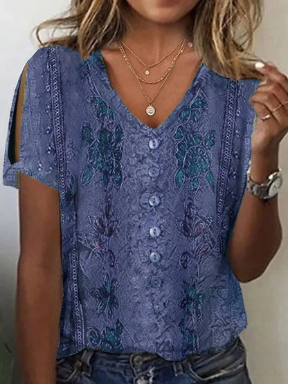 Women’s Blouse – Relaxed Fit – V-Neck Button Front – Embroidered Boho Style – Breathable Fabric