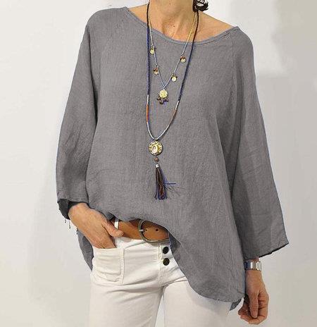 Women’s Top – Cotton Linen Blend – Relaxed Fit – 3/4 Raglan Sleeve – Asymmetrical Hem