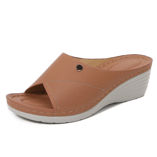 Women’s Wedge Slide Sandals – Open Toe – Cushioned Footbed – Perforated Strap
