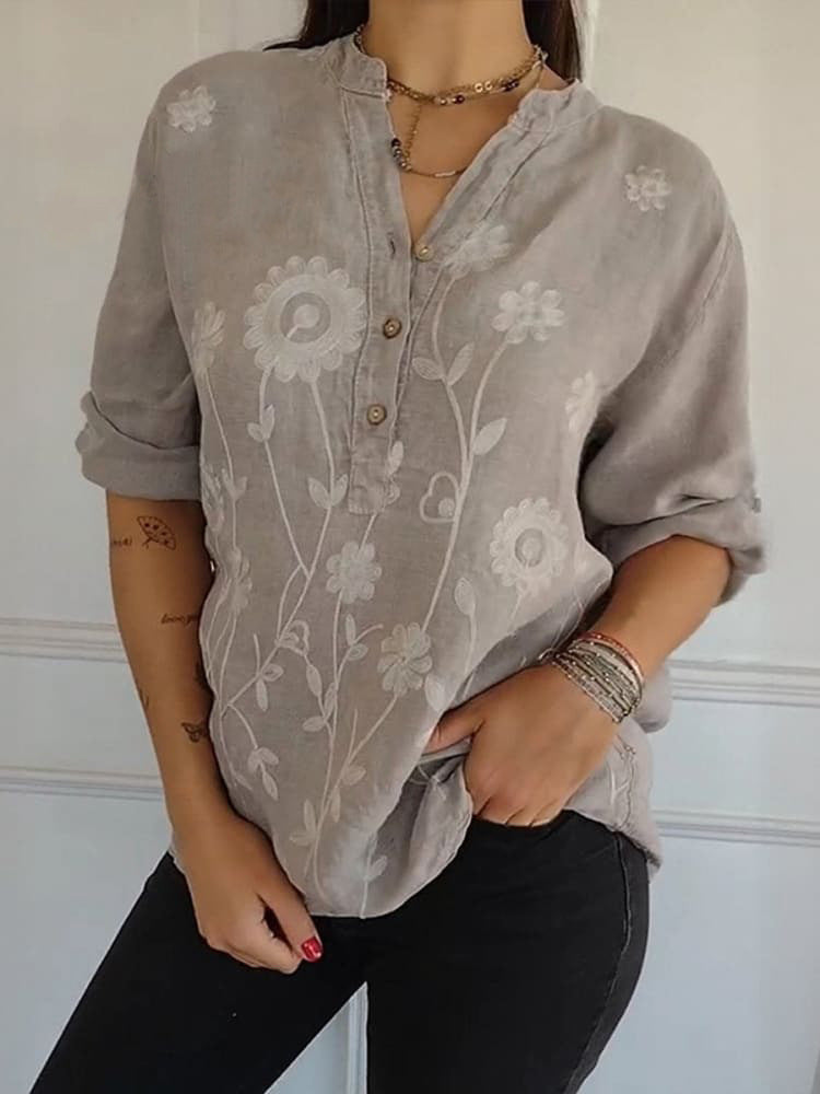 Women’s V-Neck Shirt – Relaxed Fit – Lace Embroidered – Button Front Cotton Blend