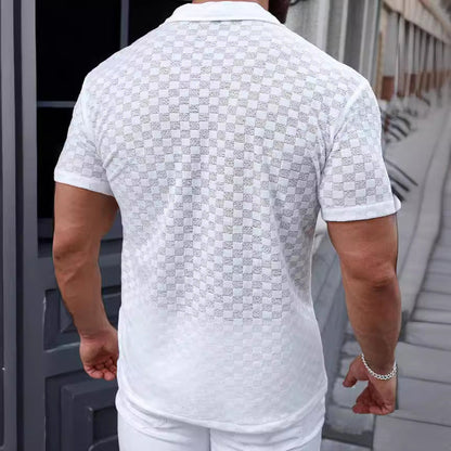 Men’s Knit Shirt – Relaxed Fit – Lightweight Sheer Fabric – Geometric Lace – Button-Up