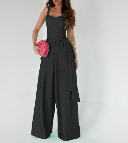 Women’s Jumpsuit – Linen Blend – Sleeveless – Wide Leg – Adjustable Waist – Full Length