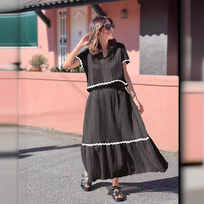 Women’s Skirt Set – Cotton Blend – Relaxed Fit – Lace Trim – Midi A-Line Skirt – Short Sleeve Top
