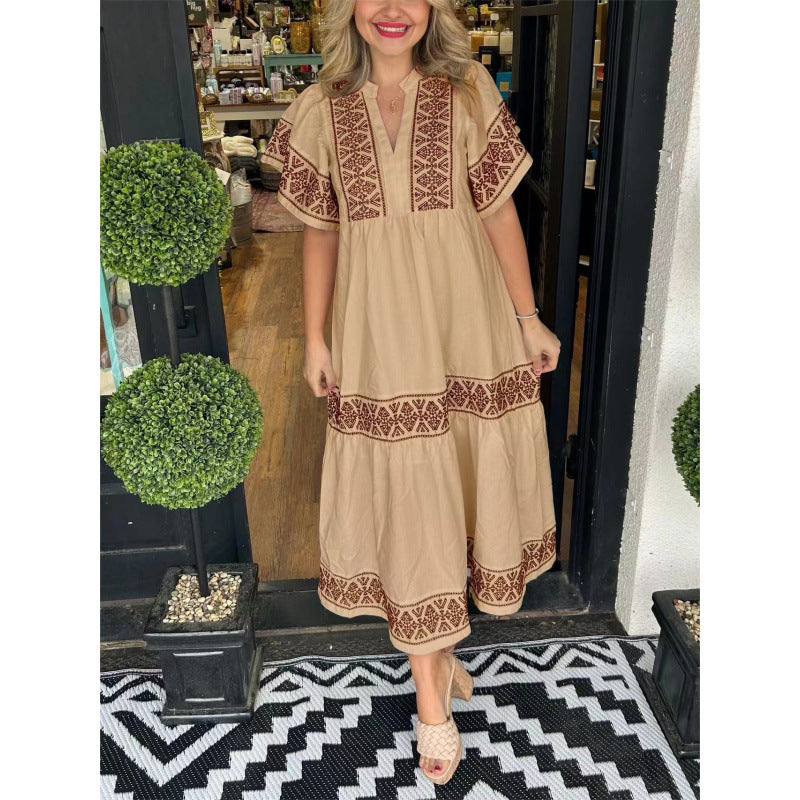 Women’s Midi Dress – Relaxed Fit – V-Neck – Printed Trim – Pleated Hem – Cotton Feel