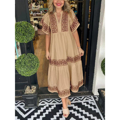 Women’s Midi Dress – Relaxed Fit – V-Neck – Printed Trim – Pleated Hem – Cotton Feel