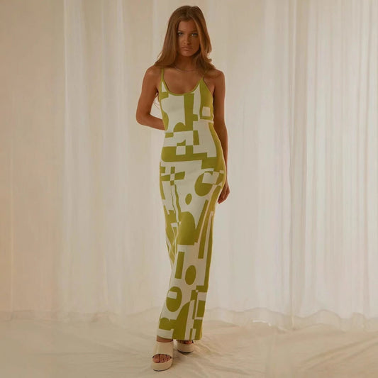 Women’s Maxi Dress – Bodycon Fit – Spaghetti Strap – Abstract Print – Stretch Fabric