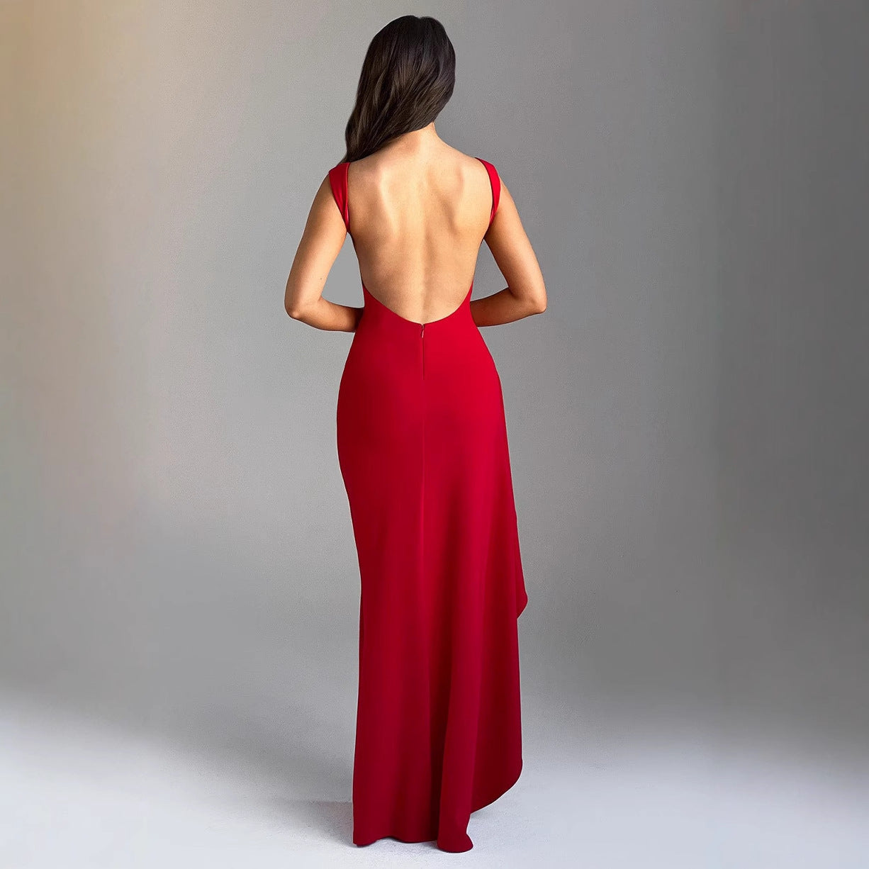 Women’s Evening Dress – Slim Fit – Satin Finish – High Slit – Open Back – Full Length