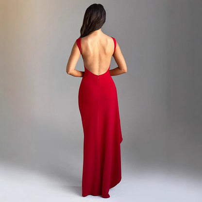 Women’s Evening Dress – Slim Fit – Satin Finish – High Slit – Open Back – Full Length
