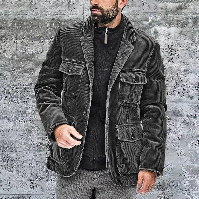 Men’s Corduroy Jacket – Tailored Fit – Notched Lapel – Button Closure – Utility Pockets