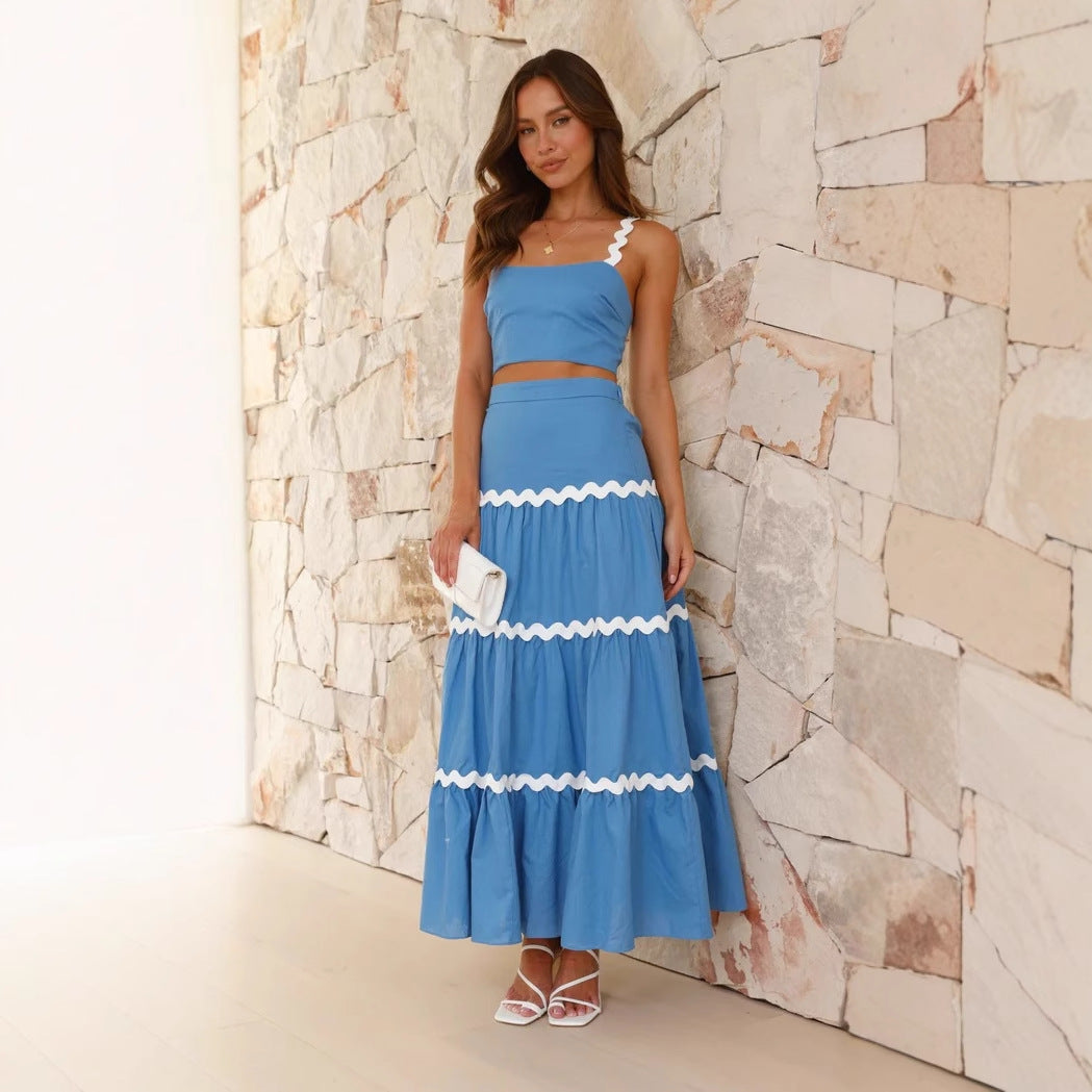 Women’s Two-Piece Set – Strapless Crop Top – Tiered Maxi Skirt – Wavy Trim