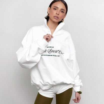Women’s Sweatshirt – Oversized Fit – Cotton Blend – Half Zip – Letter Print