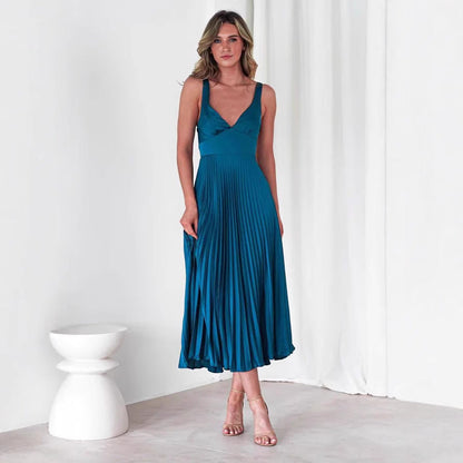 Women’s Midi Dress – Satin Finish – V-Neck – Pleated Skirt – Spaghetti Straps