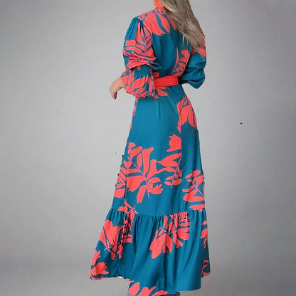 Women’s Maxi Dress – Bold Print – V-Neck – Puff Sleeve – Belted Waist – Flowy Fit
