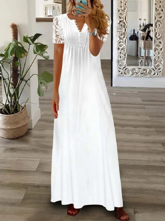 Women’s Long Dress – Flowy Fit – Lace Short Sleeve – Button Front – Elegant Style