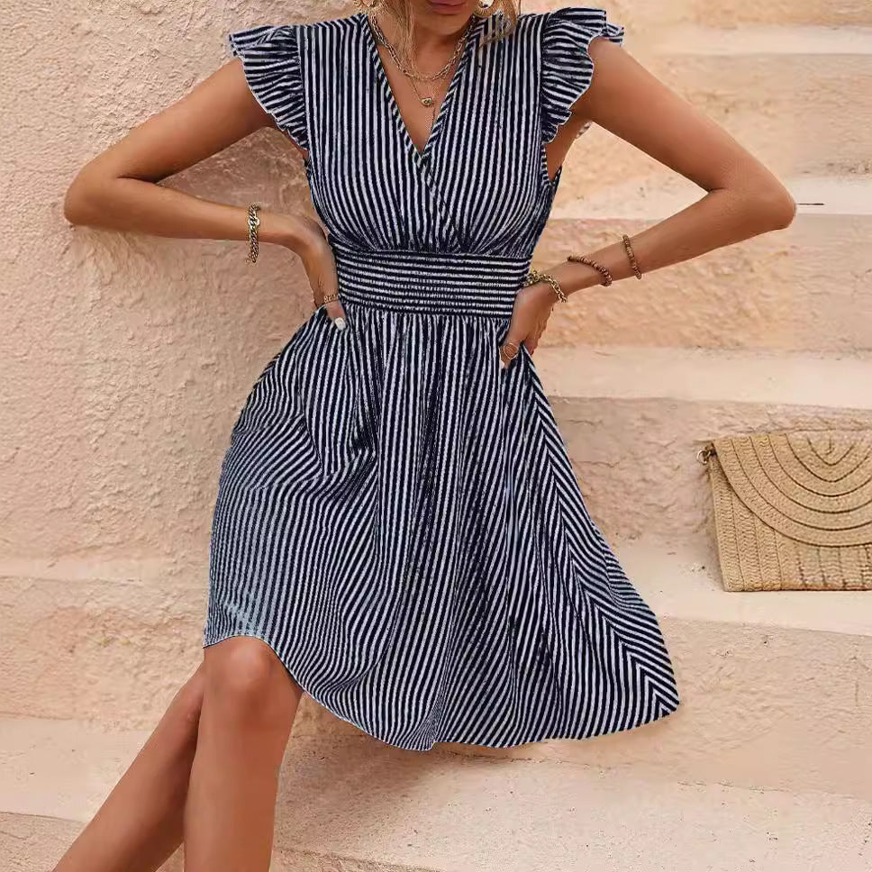 Women's Short Dress - V-Neck - Frilled Sleeves - Smocked Waist - Striped Elegant Fit