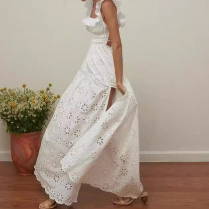 Women’s Sleeveless Dress – Cotton Eyelet – Ruffled Straps – Smocked Bodice – High Slit